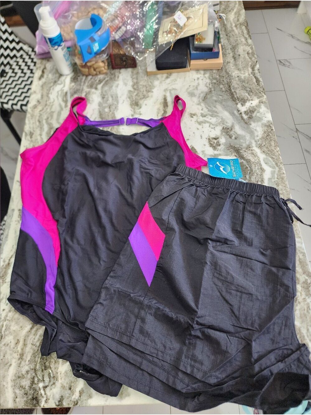 Women’s Black Two-Piece Swim Set with Pink & Purple Accents